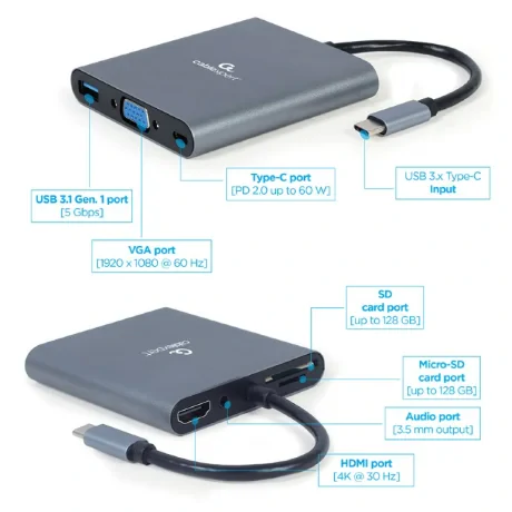 DOCKING Station Gembird universal, 6-in-1, conectare PC USB Type C, USB-C x 1, USB-A 3.1 x 1, porturi video HDMI x 1, VGA x 1, PD  60 W, SD, microSD, Audio, argintiu, &quot;A-CM-COMBO6-01&quot; (include TV 0.18lei)