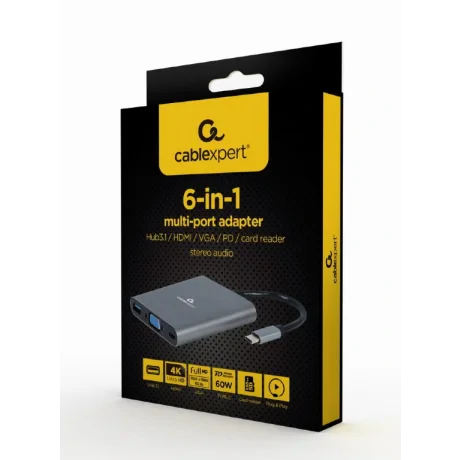 DOCKING Station Gembird universal, 6-in-1, conectare PC USB Type C, USB-C x 1, USB-A 3.1 x 1, porturi video HDMI x 1, VGA x 1, PD  60 W, SD, microSD, Audio, argintiu, &quot;A-CM-COMBO6-01&quot; (include TV 0.18lei)