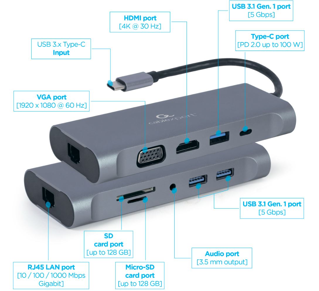 DOCKING Station Gembird universal, 7-in-1, conectare PC USB Type C, USB-C x 1, USB-A 3.1 x 3, porturi video HDMI x 1, VGA x 1, RJ45 x 1, PD 100 W, SD, microSD, Audio, argintiu, "A-CM-COMBO7-01" (include TV 0.18lei) thumb
