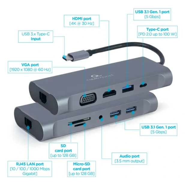 DOCKING Station Gembird universal, 7-in-1, conectare PC USB Type C, USB-C x 1, USB-A 3.1 x 3, porturi video HDMI x 1, VGA x 1, RJ45 x 1, PD 100 W, SD, microSD, Audio, argintiu, &quot;A-CM-COMBO7-01&quot; (include TV 0.18lei)