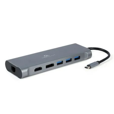 DOCKING Station Gembird universal, 8-in-1, conectare PC USB Type C, USB-A 3.1 x 4, porturi video HDMI x 1, DP x 1, VGA x 1, RJ45 x 1, PD 60 W, SD, microSD, Audio, argintiu, &quot;A-CM-COMBO8-01&quot; (include TV 0.18lei)