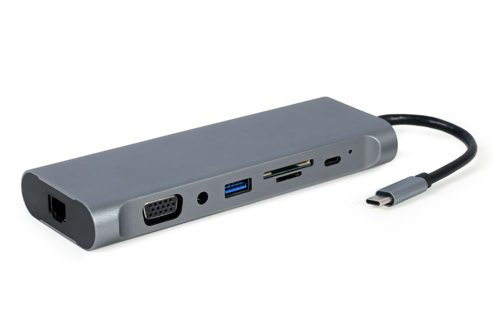 DOCKING Station Gembird universal, 8-in-1, conectare PC USB Type C, USB-A 3.1 x 4, porturi video HDMI x 1, DP x 1, VGA x 1, RJ45 x 1, PD 60 W, SD, microSD, Audio, argintiu, "A-CM-COMBO8-01" (include TV 0.18lei) thumb