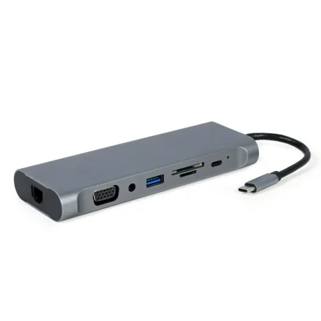 DOCKING Station Gembird universal, 8-in-1, conectare PC USB Type C, USB-A 3.1 x 4, porturi video HDMI x 1, DP x 1, VGA x 1, RJ45 x 1, PD 60 W, SD, microSD, Audio, argintiu, &quot;A-CM-COMBO8-01&quot; (include TV 0.18lei)