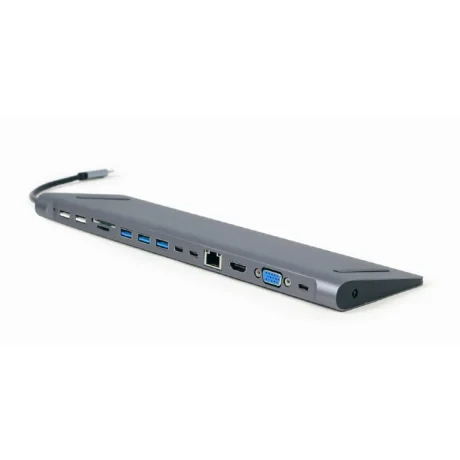 DOCKING Station Gembird universal, 9-in-1, conectare PC USB Type C, USB-C x 3, USB-A 3.1 x 3, USB-A 2.0 x 2, porturi video HDMI x 1, VGA x 1, PD  60 W, RJ45, SD, microSD, Audio, argintiu, &quot;A-CM-COMBO9-01&quot; (include TV 0.18lei)