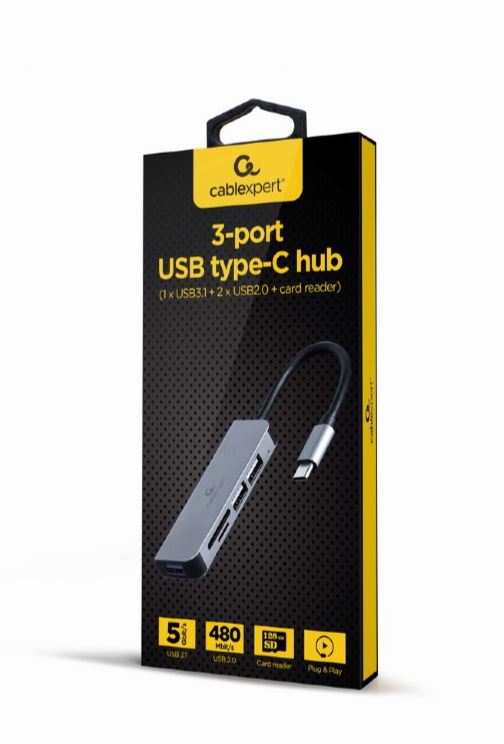 HUB extern GEMBIRD, porturi USB: USB 3.1 x 1, USB 2.0 x 2, conectare prin USB Type-C, suport SD / MicroSD, argintiu, "UHB-CM-CRU3P1U2P2-01"  (include TV 0.8lei) thumb
