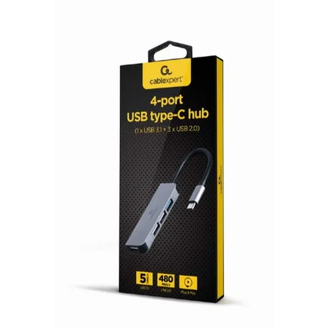 HUB extern GEMBIRD, porturi USB: USB 3.1 x 1, USB 2.0 x 3, conectare prin USB Type-C, argintiu, &quot;UHB-CM-U3P1U2P3-01&quot;  (include TV 0.8lei)