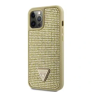 Husa Guess Rhinestones Triangle Metal Logo pentru iPhone 12 Pro Max Gold