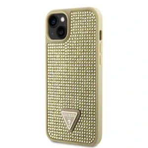 Husa Guess Rhinestones Triangle Metal Logo pentru iPhone 14 Gold