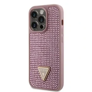 Husa Guess Rhinestones Triangle Metal Logo pentru iPhone 14 Pro Pink