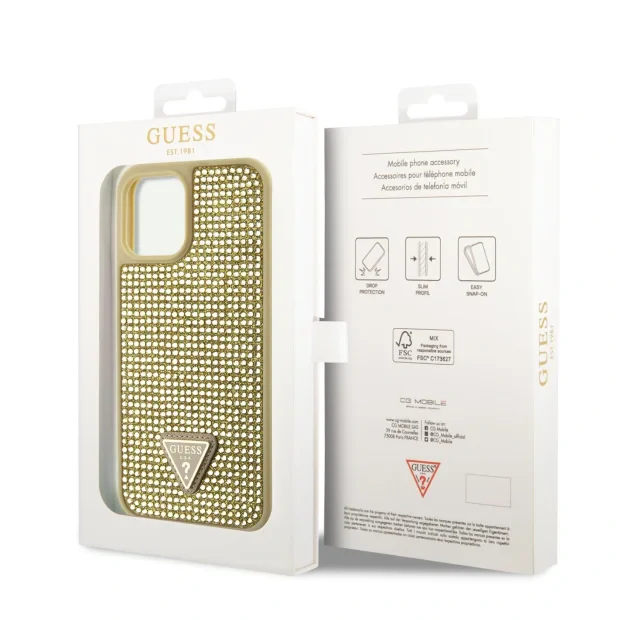 Husa Guess Rhinestones Triangle Metal Logo pentru iPhone 11 Pro Max Gold