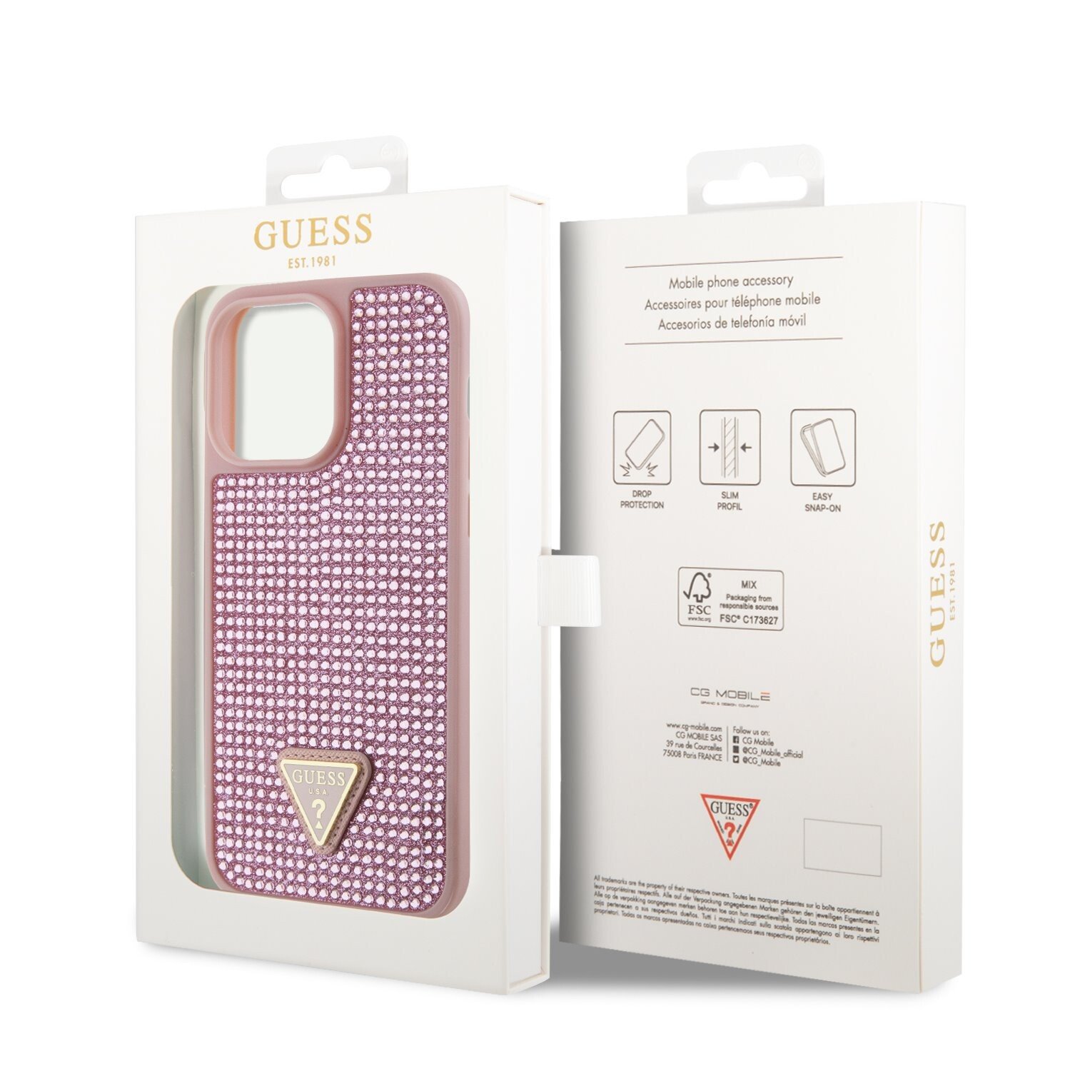 Husa Guess Rhinestones Triangle Metal Logo pentru iPhone 14 Pro Pink thumb