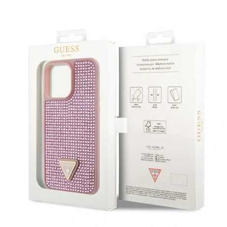 Husa Guess Rhinestones Triangle Metal Logo pentru iPhone 14 Pro Pink