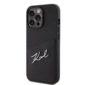 Husa Karl Lagerfeld Saffiano Card Slot Metal Signature Case pentru iPhone 13 Pro Negru