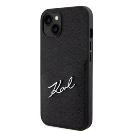 Husa Karl Lagerfeld Saffiano Card Slot Metal Signature Case pentru iPhone 14 Negru
