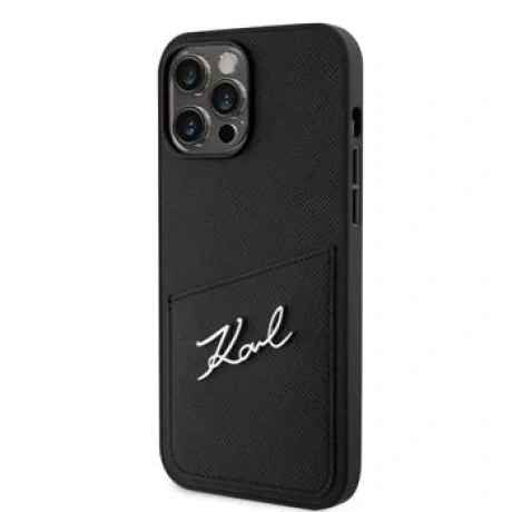 Husa Karl Lagerfeld Saffiano Card Slot Metal Signature Case pentru  iPhone 13 Pro Max Negru