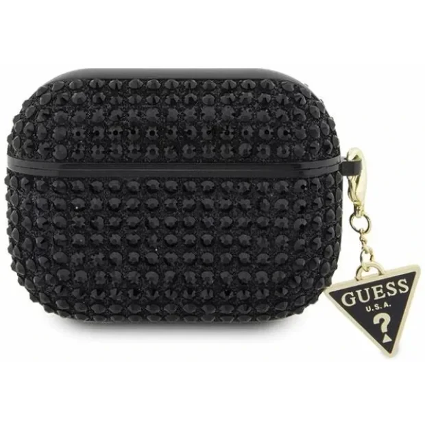 Husa Guess Rhinestones Triangle Metal Logo pentru AirPods Pro Negru