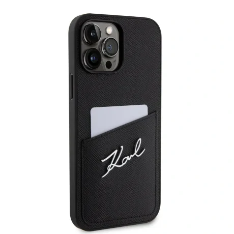 Husa Karl Lagerfeld Saffiano Card Slot Metal Signature Case pentru  iPhone 13 Pro Max Negru