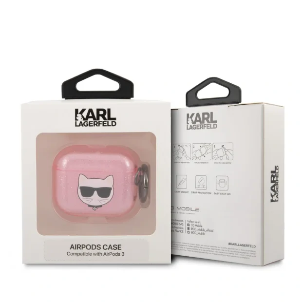 Husa Karl Lagerfeld TPU Glitter Choupette Head pentru Airpods 3 Pink
