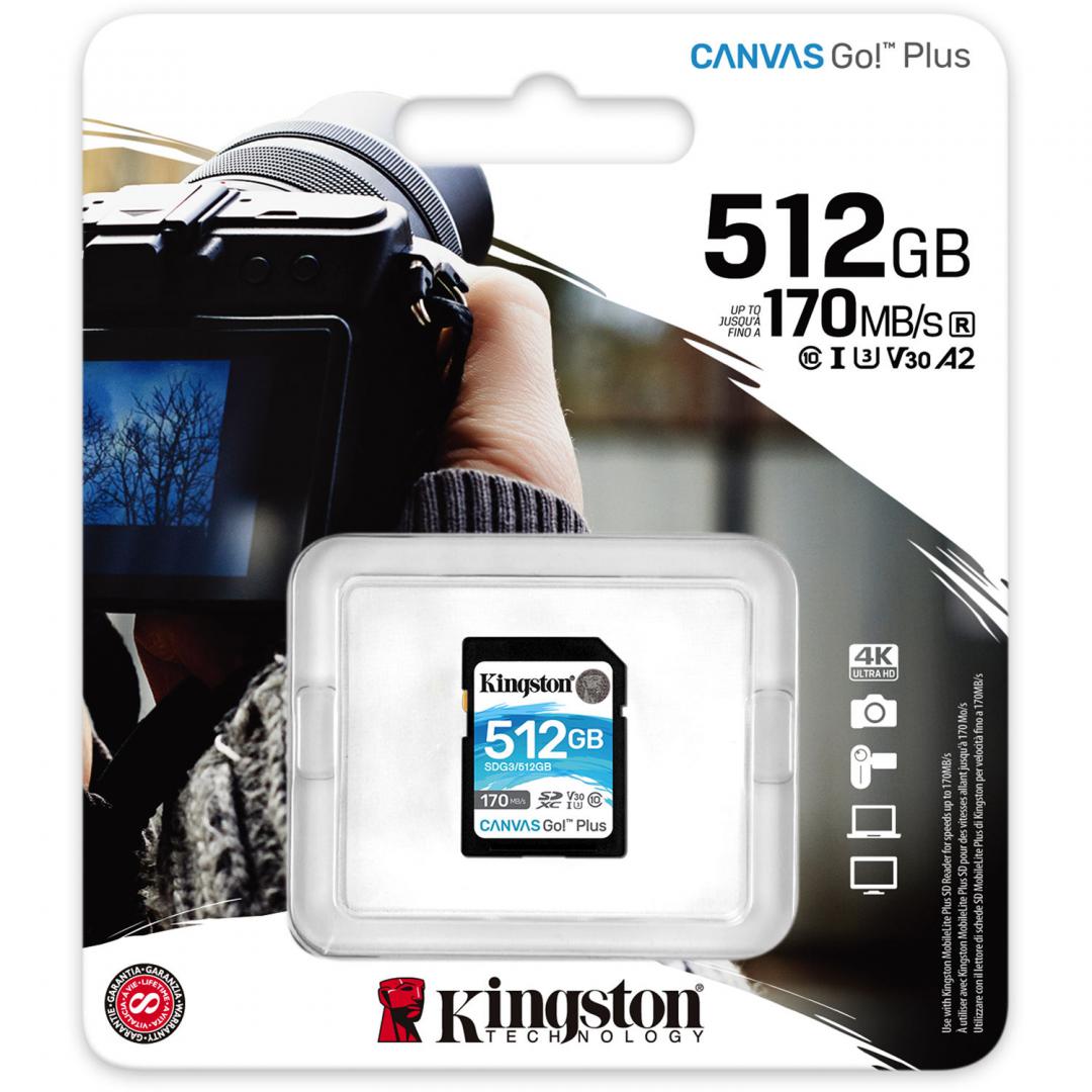 CARD SD KINGSTON, 512 GB, SDXC, clasa 10, standard UHS-I U3, "SDG3/512GB" (timbru verde 0.03 lei) thumb