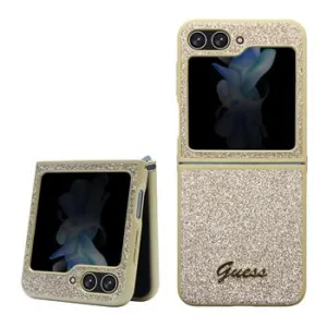 Husa Guess PC/TPU Glitter Flakes Metal Logo pentru Samsung Galaxy Z Flip 5 Gold