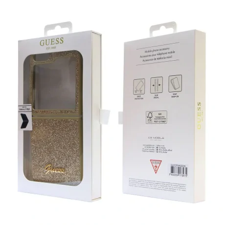 Husa Guess PC/TPU Glitter Flakes Metal Logo pentru Samsung Galaxy Z Flip 5 Gold