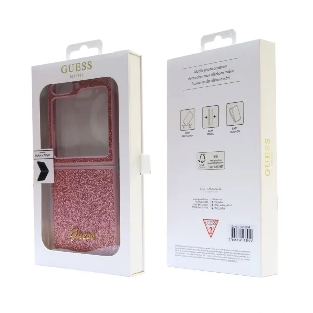 Husa Guess PC/TPU Glitter Flakes Metal Logo pentru Samsung Galaxy Z Flip 5 Pink