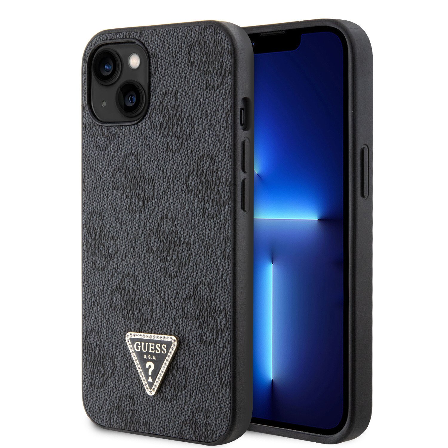 Husa Guess PU 4G Strass Triangle Metal Logo pentru iPhone 15 Plus Black thumb
