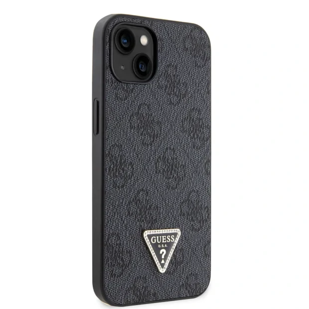 Husa Guess PU 4G Strass Triangle Metal Logo pentru iPhone 15 Plus Black