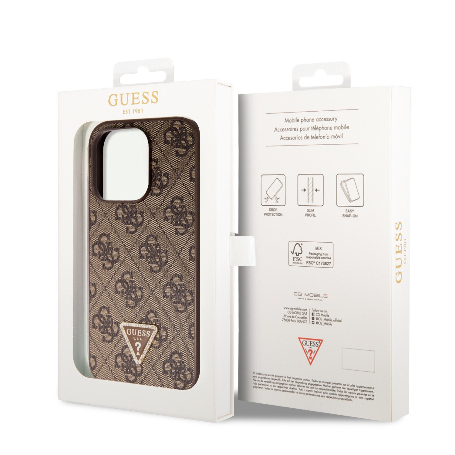 Husa Guess PU 4G Strass Triangle Metal Logo pentru iPhone 15 Pro Maro thumb