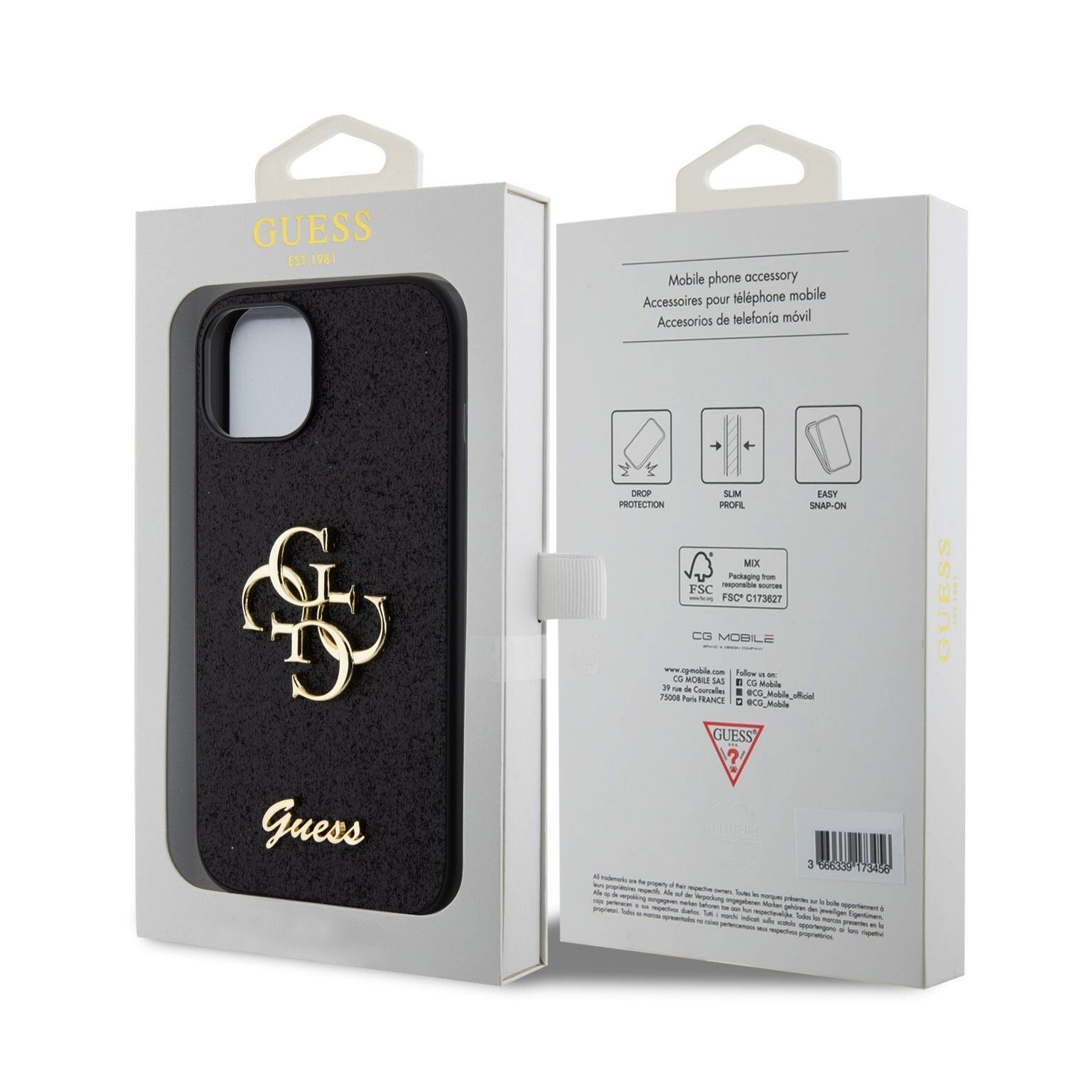 Husa Guess PU Fixed Glitter 4G Metal Logo pentru iPhone 15 Negru thumb