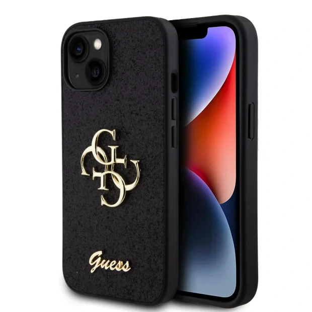 Husa Guess PU Fixed Glitter 4G Metal Logo pentru iPhone 15 Negru