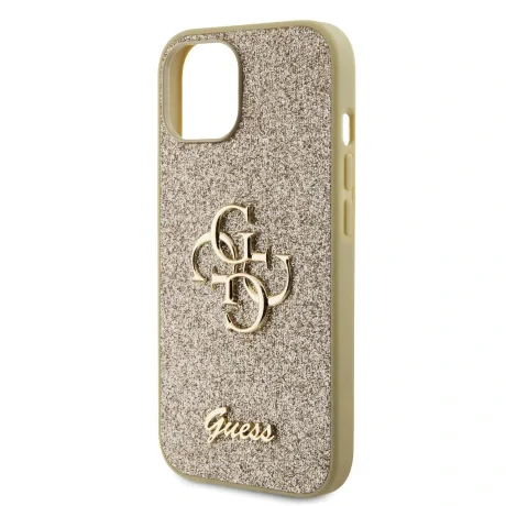 Husa Guess PU Fixed Glitter 4G Metal Logo pentru iPhone 15 Auriu