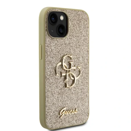 Husa Guess PU Fixed Glitter 4G Metal Logo pentru iPhone 15 Auriu