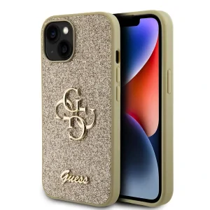 Husa Guess PU Fixed Glitter 4G Metal Logo pentru iPhone 15 Auriu