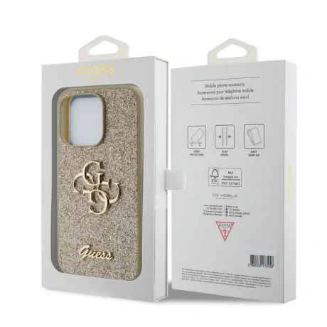 Husa Guess PU Fixed Glitter 4G Metal Logo pentru iPhone 15 Pro Auriu