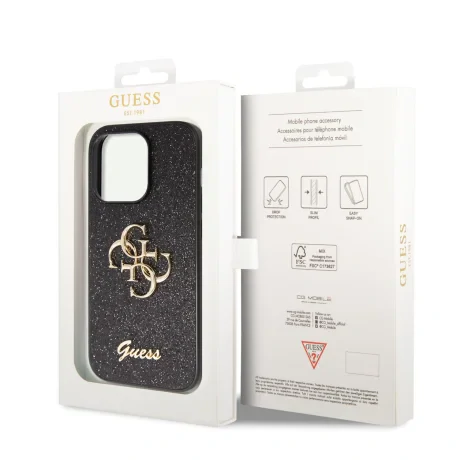 Husa Guess PU Fixed Glitter 4G Metal Logo pentru iPhone 15 Pro Max Negru