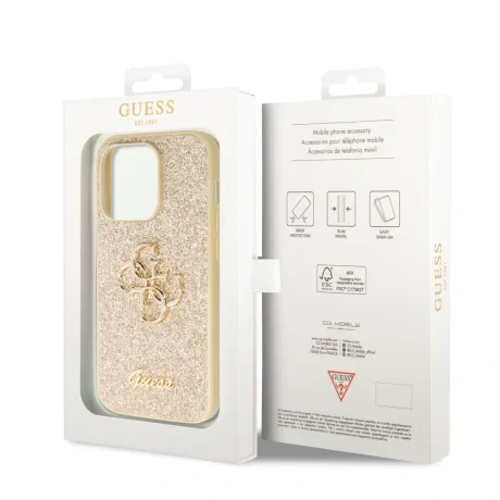 Husa Guess PU Fixed Glitter 4G Metal Logo pentru iPhone 15 Pro Max Auriu