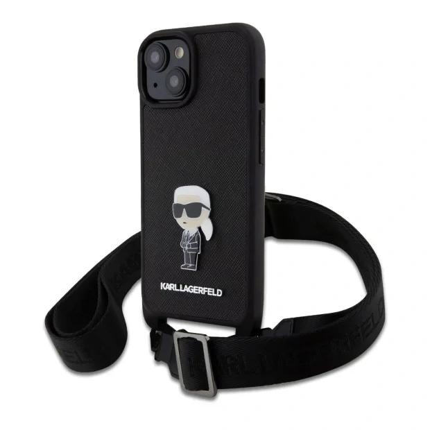 Husa Karl Lagerfeld Saffiano Crossbody Metal Ikonik pentru iPhone 15 Plus Black