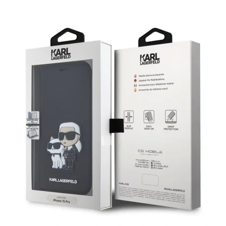 Husa Karl Lagerfeld PU Saffiano Karl and Choupette NFT Book pentru iPhone 15 Black