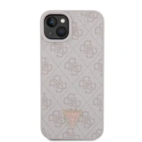 Husa Guess PU 4G Strass Triangle Metal Logo pentru iPhone 15 Plus Pink