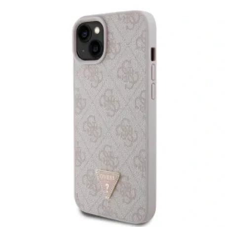 Husa Guess PU 4G Strass Triangle Metal Logo pentru iPhone 15 Plus Pink