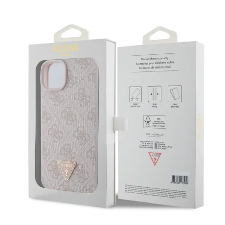 Husa Guess PU 4G Strass Triangle Metal Logo pentru iPhone 15 Plus Pink