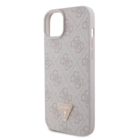 Husa Guess PU 4G Strass Triangle Metal Logo pentru iPhone 15 Plus Pink