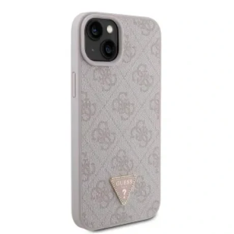 Husa Guess PU 4G Strass Triangle Metal Logo pentru iPhone 15 Plus Pink