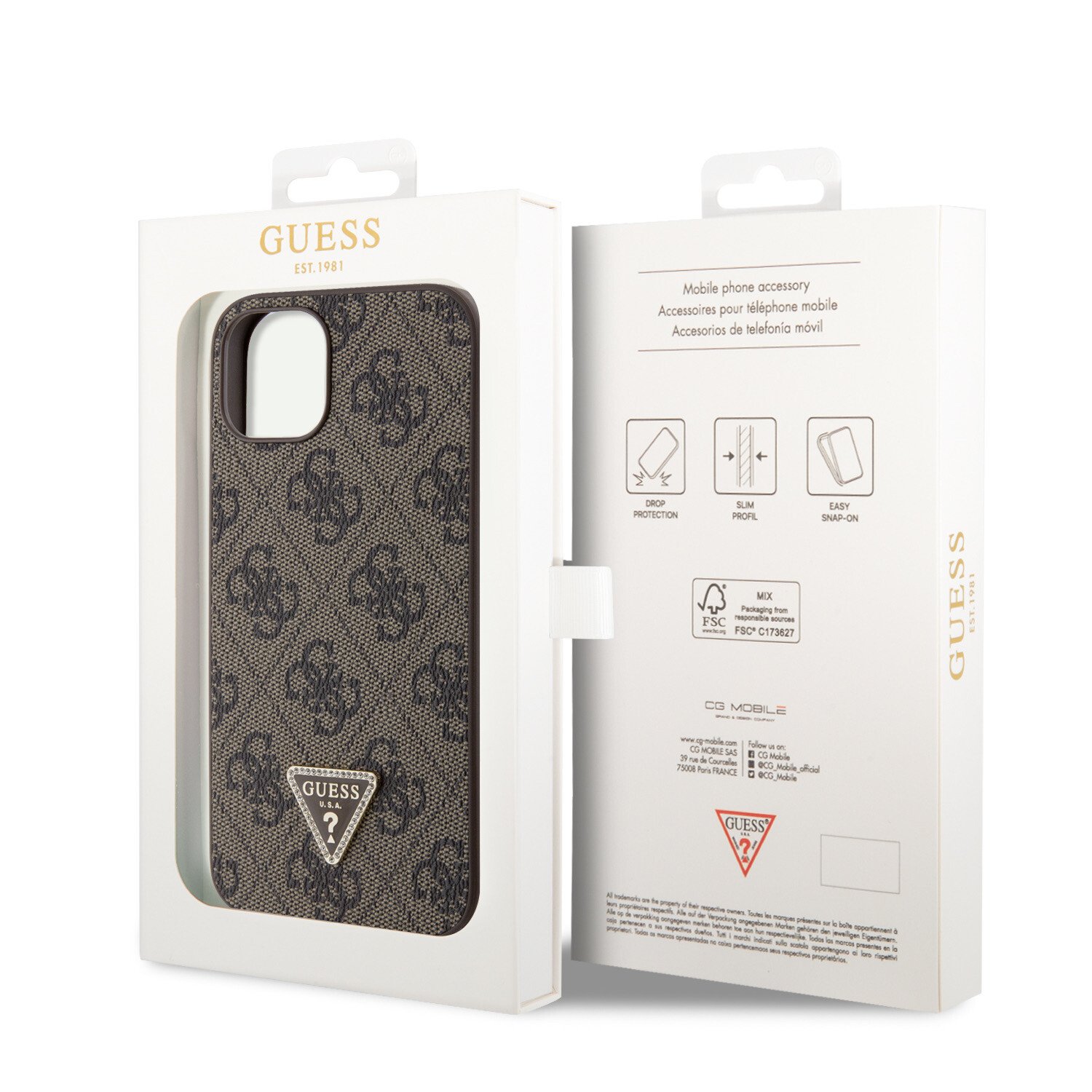 Husa Guess PU 4G Strass Triangle Metal Logo pentru iPhone 15 Brown thumb