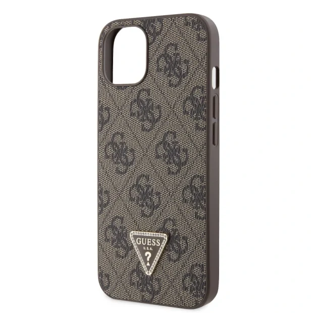 Husa Guess PU 4G Strass Triangle Metal Logo pentru iPhone 15 Brown