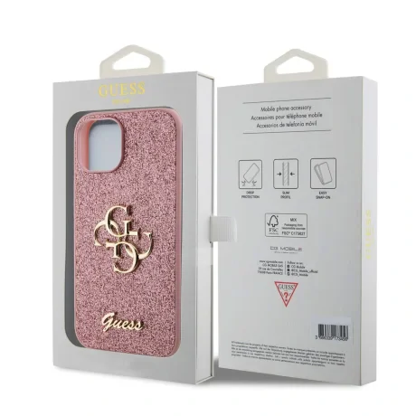 Husa Guess PU Fixed Glitter 4G Metal Logo pentru iPhone 15 Pink