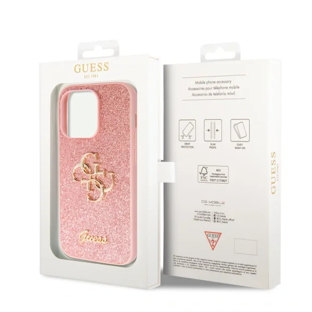 Husa Guess PU Fixed Glitter 4G Metal Logo pentru iPhone 15 Pro Pink
