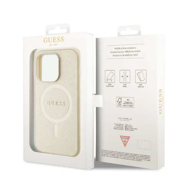 Husa Guess PU Saffiano MagSafe pentru iPhone 15 Pro Beige