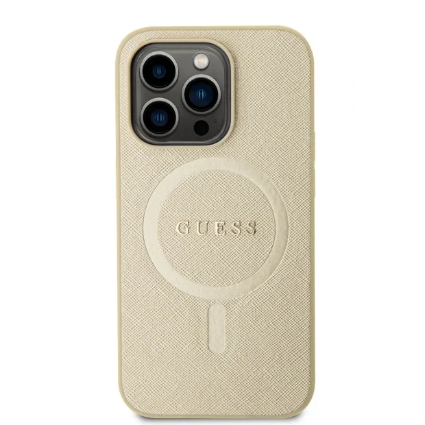 Husa Guess PU Saffiano MagSafe pentru iPhone 15 Pro Beige